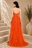 Orange Lace Applique High Slit Tulle Evening Gown