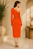 Orange One Shoulder Ruched Midi Dress