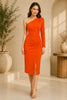 Orange One Shoulder Ruched Midi Dress