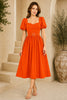 Orange Puff Sleeve Belted Midi Dress