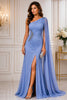 Periwinkle One Shoulder Cape Evening Gown