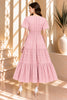 Pink Brick Short Sleeve Tiered Midi Dress