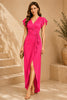 Pink Flutter Sleeve Wrap Evening Gown