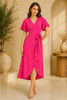 Pink Flutter Sleeve Wrap Midi Dress