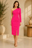 Pink One Shoulder Ruched Midi Dress