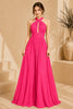 Pink Ruffle Halter Evening Gown