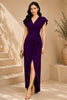 Purple Flutter Sleeve Wrap Evening Gown