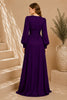 Purple Keyhole Balloon Sleeve High Slit Evening Gown