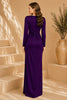 Purple Long Sleeve Draped Satin Column Gown
