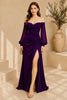 Purple Off Shoulder Ruched High Slit Evening Gown