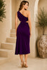 Purple One Shoulder Knot Waist Midi Dress