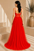 Red Corset Tulle High Slit Evening Gown