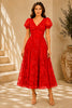 Red Floral Embroidered Midi Dress