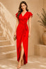 Red Flutter Sleeve Wrap Evening Gown