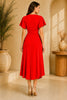 Red Flutter Sleeve Wrap Midi Dress