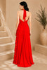 Red Halter Pleated Evening Gown