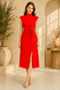 Red High Neck Knot Waist Midi Dress