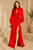 Red Keyhole Balloon Sleeve Evening Gown