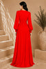Red Keyhole Balloon Sleeve High Slit Gown