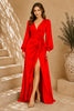 Red Keyhole Balloon Sleeve High Slit Gown