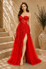 Red Lace Applique Tulle Evening Gown