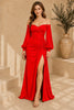 Red Off Shoulder Ruched High Slit