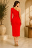 Red One Shoulder Ruched Midi Dress