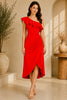 Red One Shoulder Ruffle Midi Dress