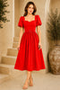 Red Puff Sleeve Belted Midi Dress