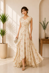 Romantic Cream Floral Chiffon Maxi Dress