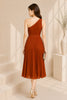 Rust One Shoulder Pleated Midi Dress