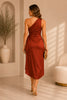 Rust Satin One Shoulder Wrap Dress