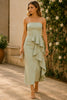Sage Elegance Strapless Ruffle Column Dress