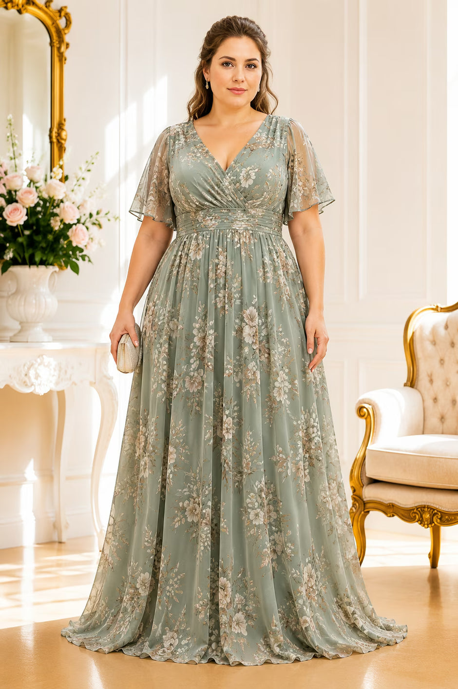 sage green wedding guest dress plus size Plus Size Women Elegant Romantic A-Line Bridesmaid Dress, Sage Green Formal Gown, Special Occasion, Autumn Wedding Guest Dress