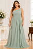 Sage Green One-Shoulder Chiffon Plus Size Maxi Dress