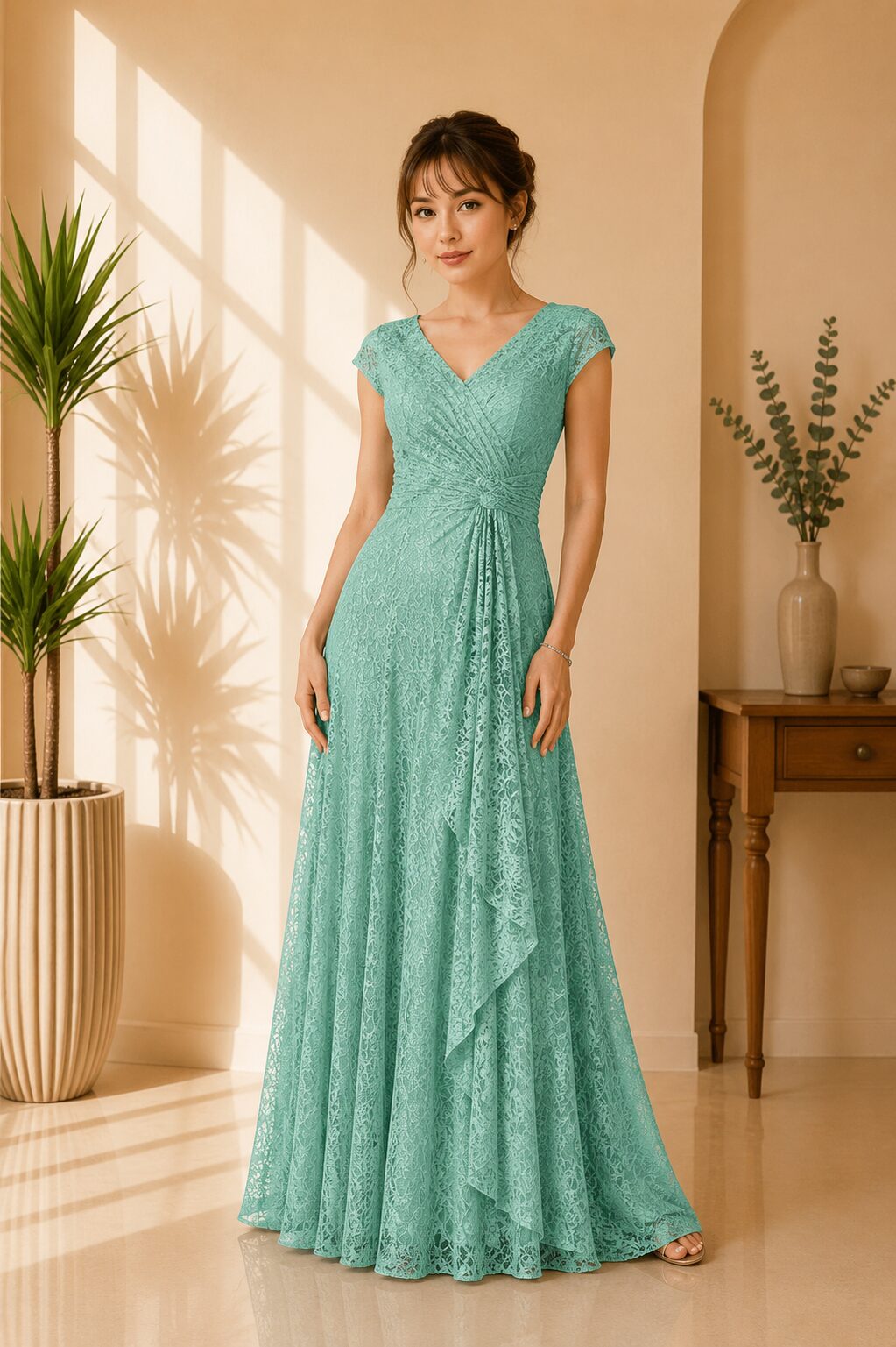Sage Lace Evening Gown