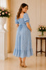 Sky Blue Floral Puff Sleeve Midi Dress