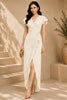 White Flutter Sleeve Wrap Evening Gown