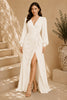 White Keyhole Balloon Sleeve High Slit Evening Gown