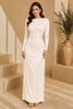 White Long Sleeve Draped Satin Column Gown