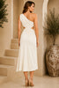 White One Shoulder Knot Waist Midi Dress