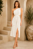 White One Shoulder Knot Waist Midi Dress