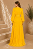 Yellow Keyhole Balloon Sleeve High Slit Evening Gown