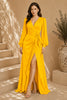 Yellow Keyhole Balloon Sleeve High Slit Evening Gown