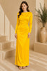 Yellow Long Sleeve Draped Satin Column Gown