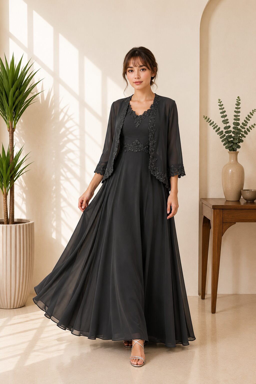 2 Pieces Bride Dresses with Jacket Sequins Lace Chiffon Formal
