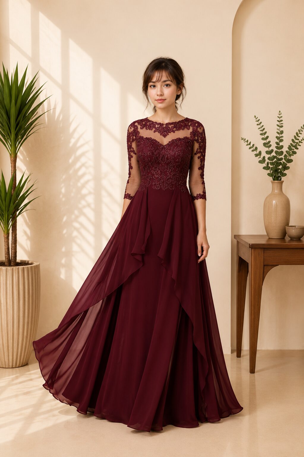 3/4 Sleeve Lace Sweetheart Neck A-Line Formal Evening Gown Elegant​