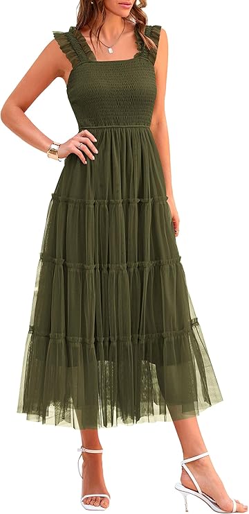 Summer Tulle Midi Dress Sleeveless Smocked Ruffle Flowy Mesh Dresse