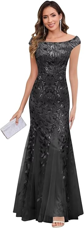 Off Shoulder Sleeveless Formal Gala Sequin Lace Gown