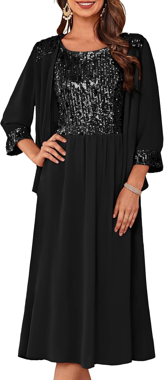 Two Piece Formal Sequin Dress with Jacket Tea Length